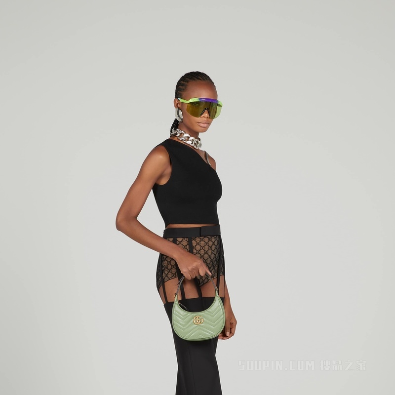 GG Marmont系列绗缝迷你手袋 灰绿色皮革