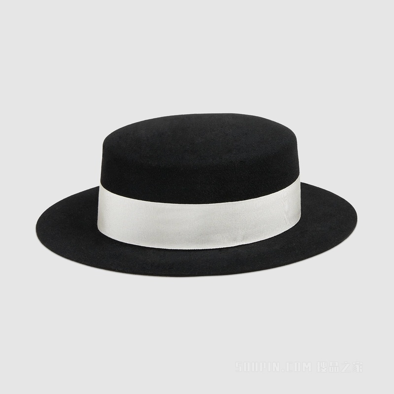 饰丝带细节平顶礼帽 黑色毛毡