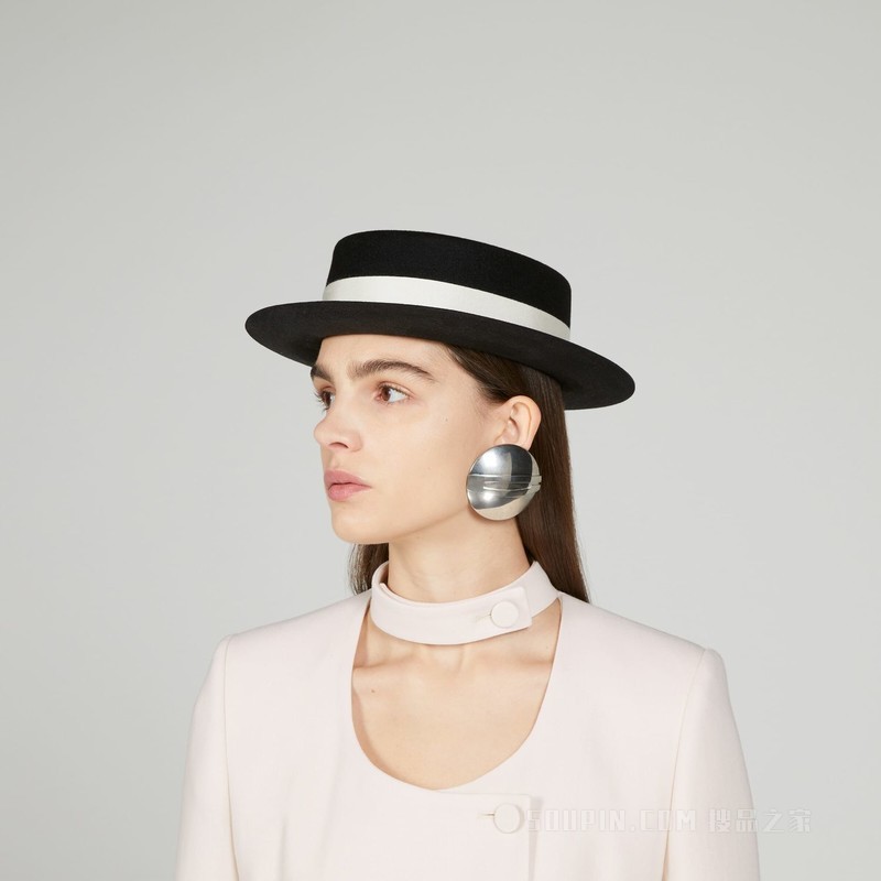 饰丝带细节平顶礼帽 黑色毛毡