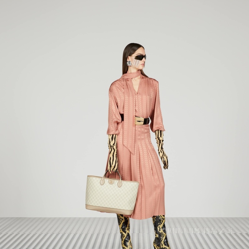 Ophidia系列中号购物袋 米色和白色Supreme帆布