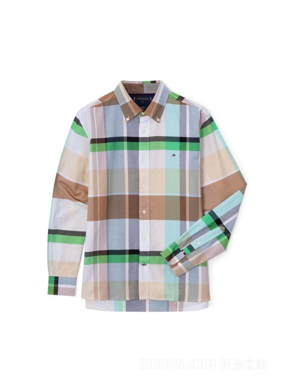 23新款春季男装纯棉牛津纺时尚拼色格纹尖角扣衬衫30667