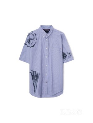 23新款春夏男装纯棉牛津纺锦旗印花尖角扣短袖衬衫31441