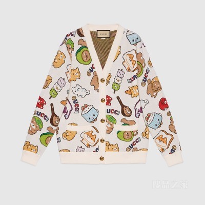 Gucci动物提花棉毛混纺开衫 象牙白色和多色