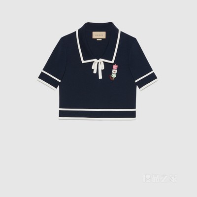 饰刺绣精棉真丝上衣 蓝色和象牙白色