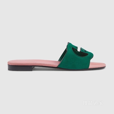 女士互扣式双G镂空细节拖鞋 绿色和粉色绒面材质