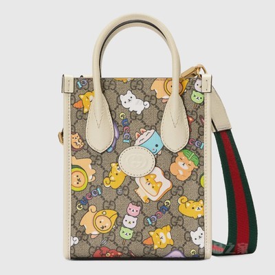 Gucci动物印花迷你托特包 米色和乌木色Supreme帆布