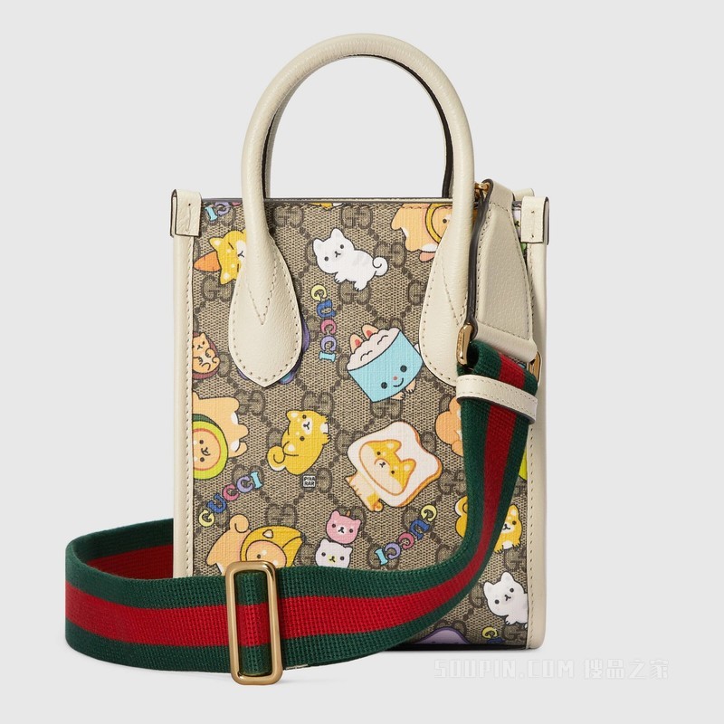 Gucci动物印花迷你托特包 米色和乌木色Supreme帆布