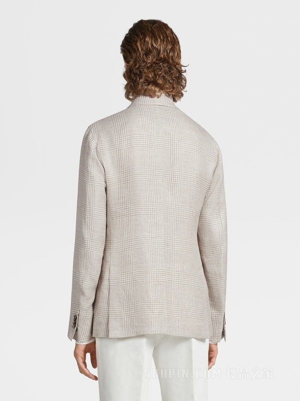 米色威尔士亲王格纹 Crossover 亚麻、羊毛及桑蚕丝衬衫夹克