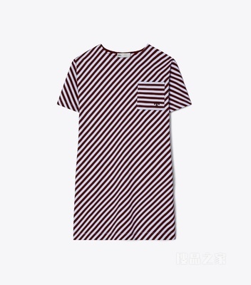 口袋条纹 T 恤式连衣裙 亮蓝色/乳糖棕