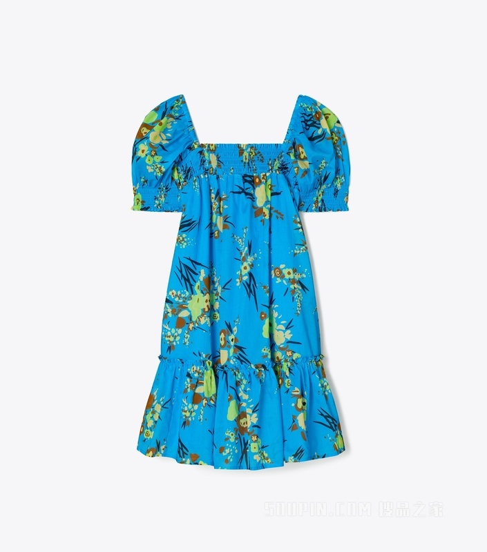 印花褶裥迷你连衣裙 亮蓝色