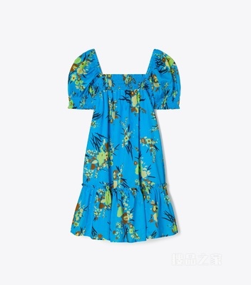 印花褶裥迷你连衣裙 亮蓝色