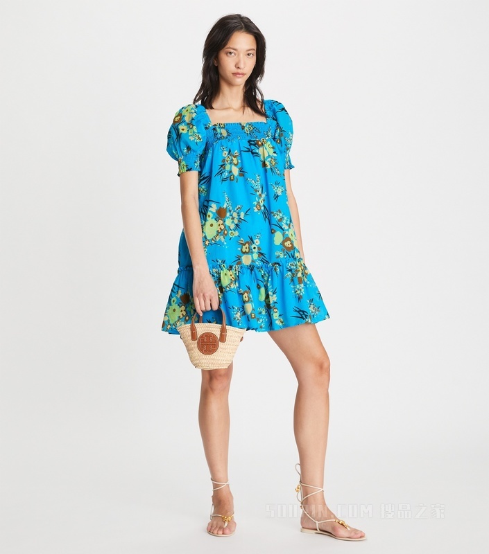 印花褶裥迷你连衣裙 亮蓝色