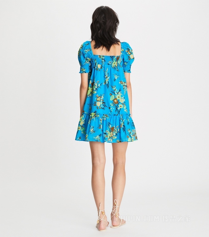 印花褶裥迷你连衣裙 亮蓝色