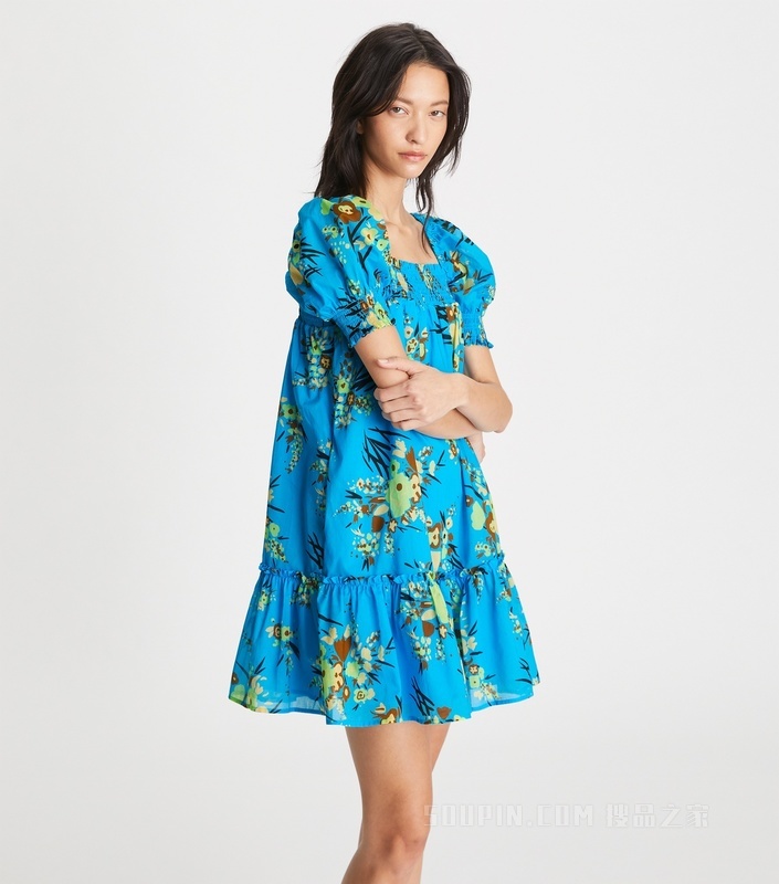 印花褶裥迷你连衣裙 亮蓝色