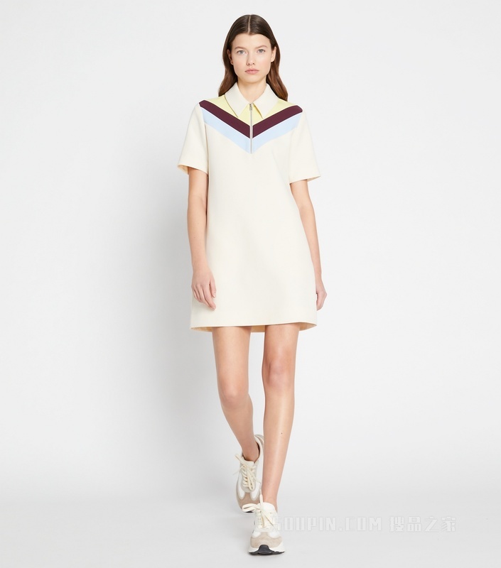 V 形条纹 Polo 式连衣裙 芝麻色/亮柠檬黄