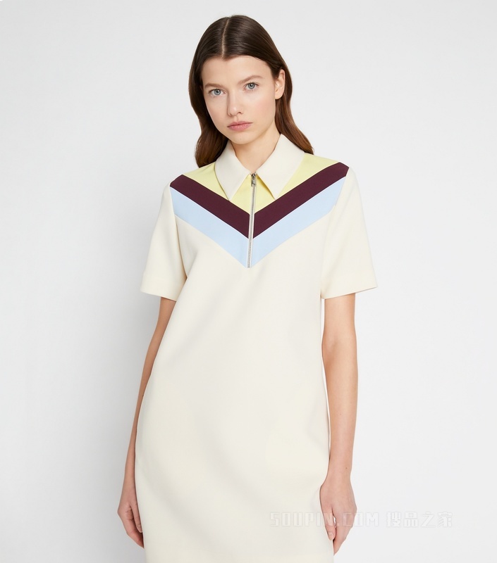 V 形条纹 Polo 式连衣裙 芝麻色/亮柠檬黄