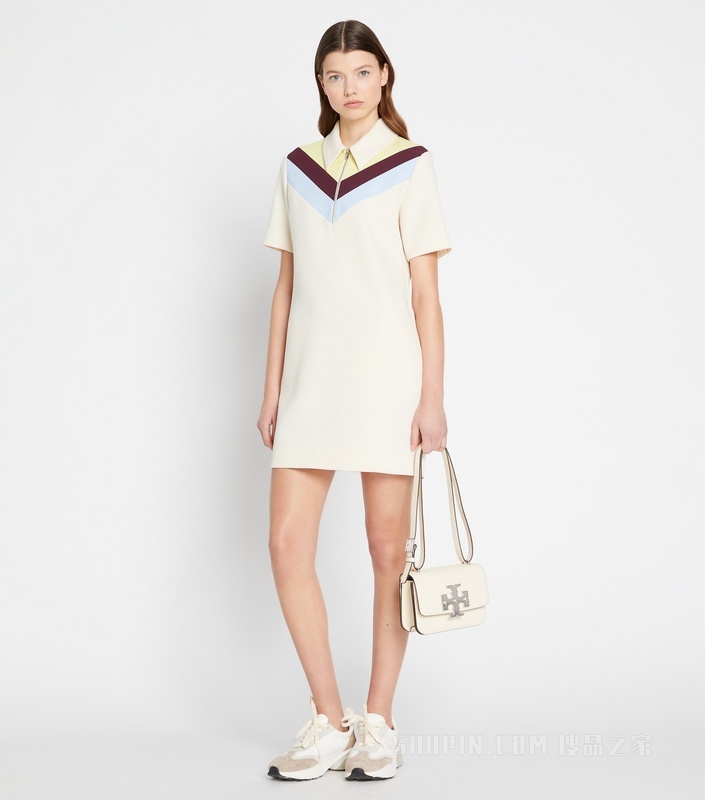 V 形条纹 Polo 式连衣裙 芝麻色/亮柠檬黄