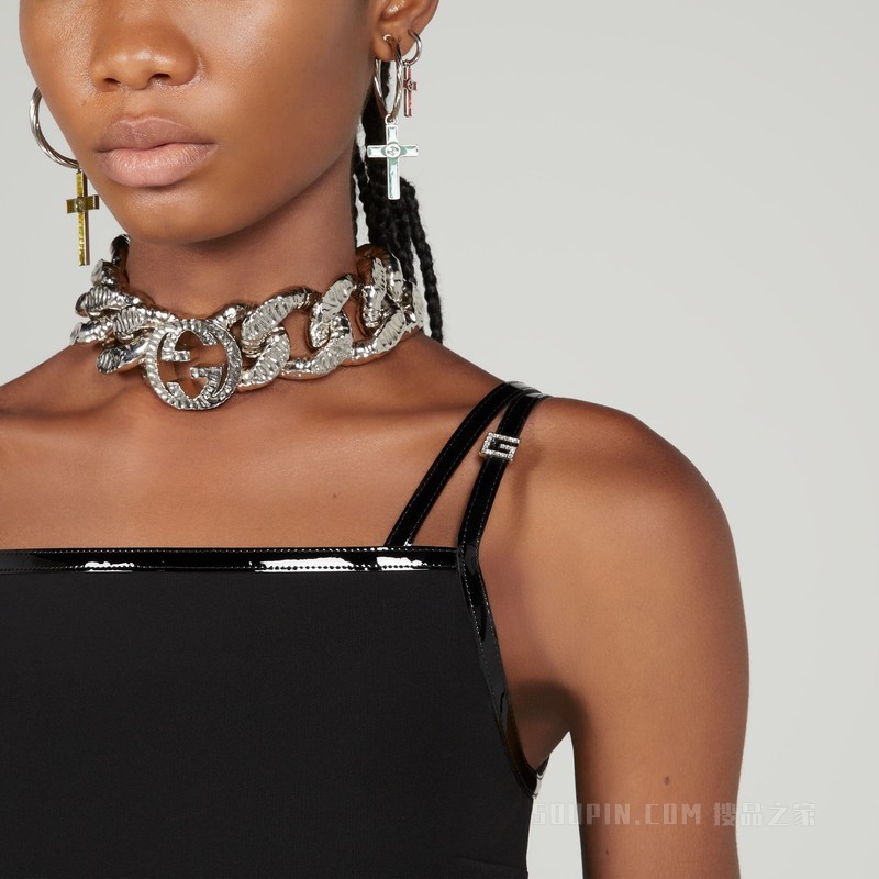 饰水晶方形G扣针织中长连衣裙 黑色