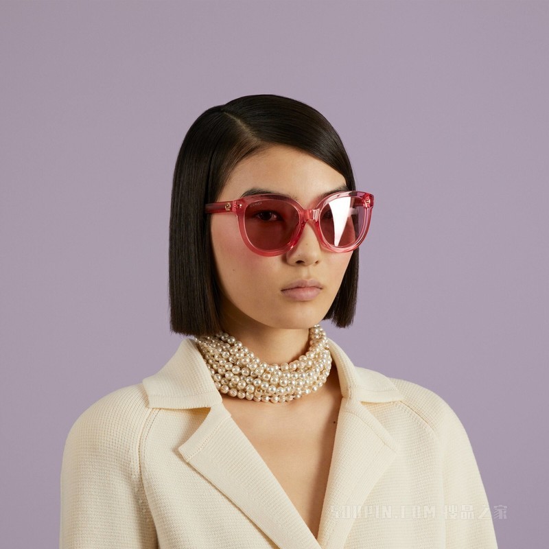 低鼻梁架贴合设计猫眼造型镜框太阳眼镜 粉色醋纤