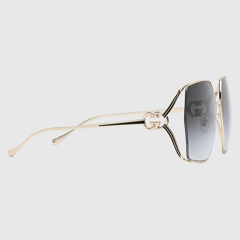 低鼻梁架贴合设计长方形镜框太阳眼镜 黄金色调金属