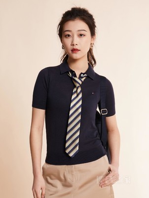23新款春季女装撞色条纹POLO半襟翻领短袖针织衫WW0WW37937