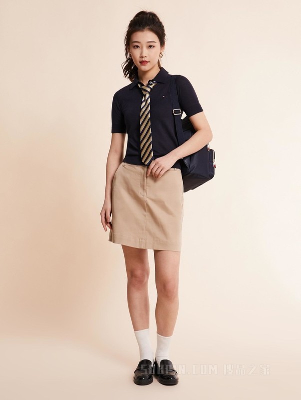 23新款春季女装撞色条纹POLO半襟翻领短袖针织衫WW0WW37937