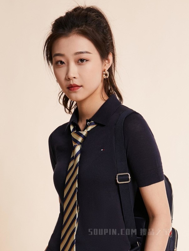 23新款春季女装撞色条纹POLO半襟翻领短袖针织衫WW0WW37937