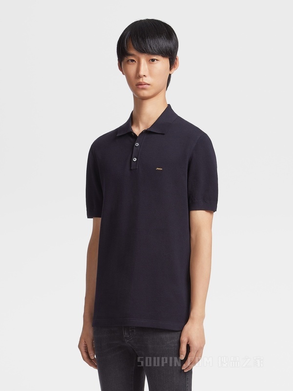 海军蓝棉质短袖针织 Polo 衫