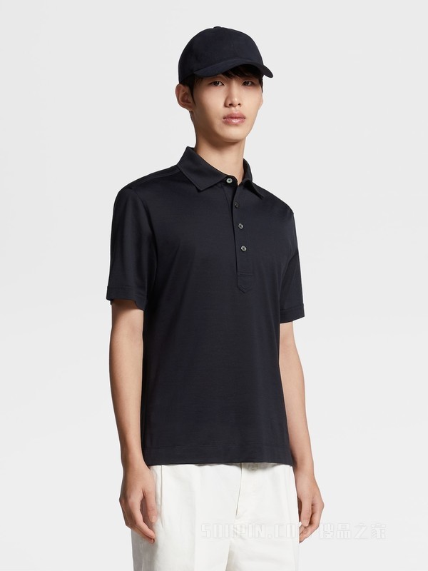 海军蓝 Leggerissimo 棉及桑蚕丝短袖 Polo 衫