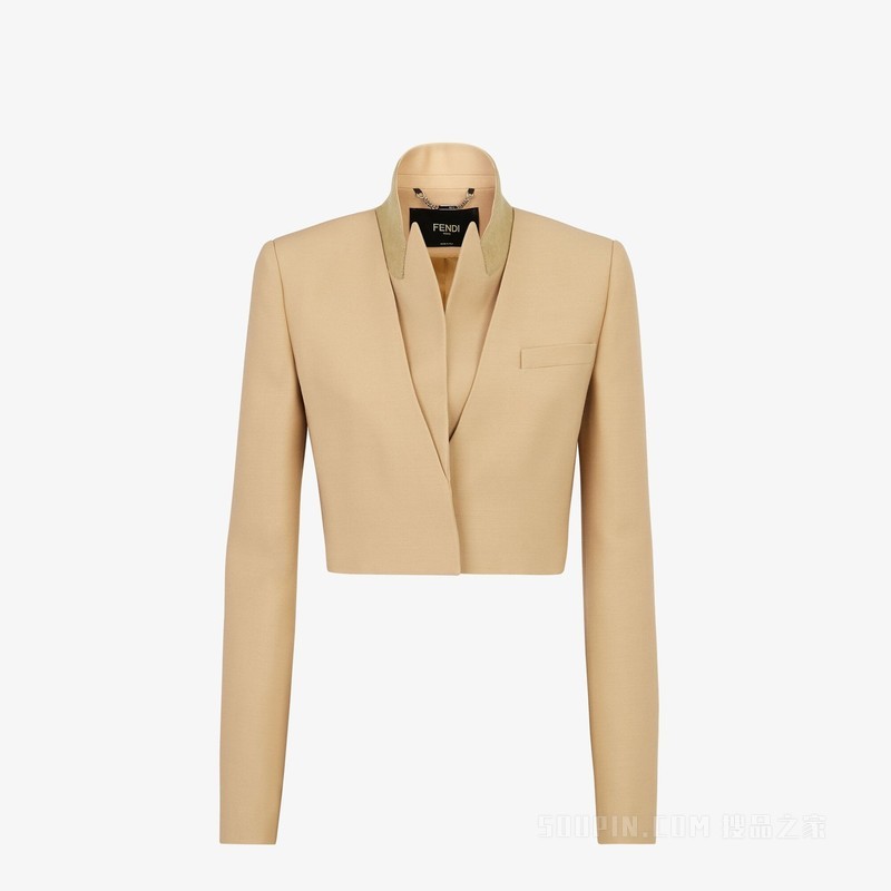 夹克 米色羊毛和桑蚕丝开襟短上衣