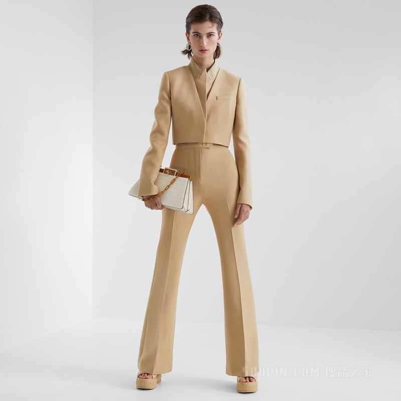 夹克 米色羊毛和桑蚕丝开襟短上衣