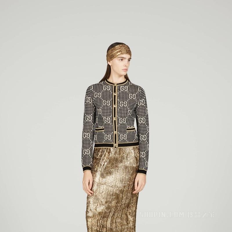 GG羊毛混纺提花开衫 灰色