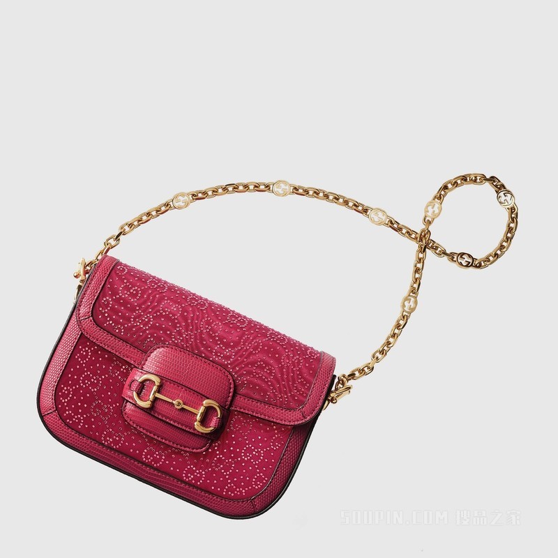 Gucci Horsebit 1955系列GG水晶迷你手袋 深红色