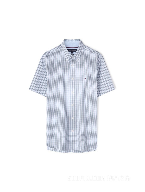 23新款春夏男装纯棉牛津纺时尚格纹尖角扣短袖衬衫30092