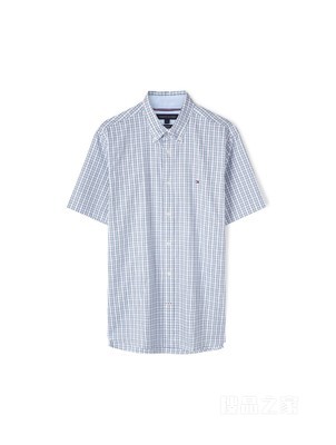 23新款春夏男装纯棉牛津纺时尚格纹尖角扣短袖衬衫30092