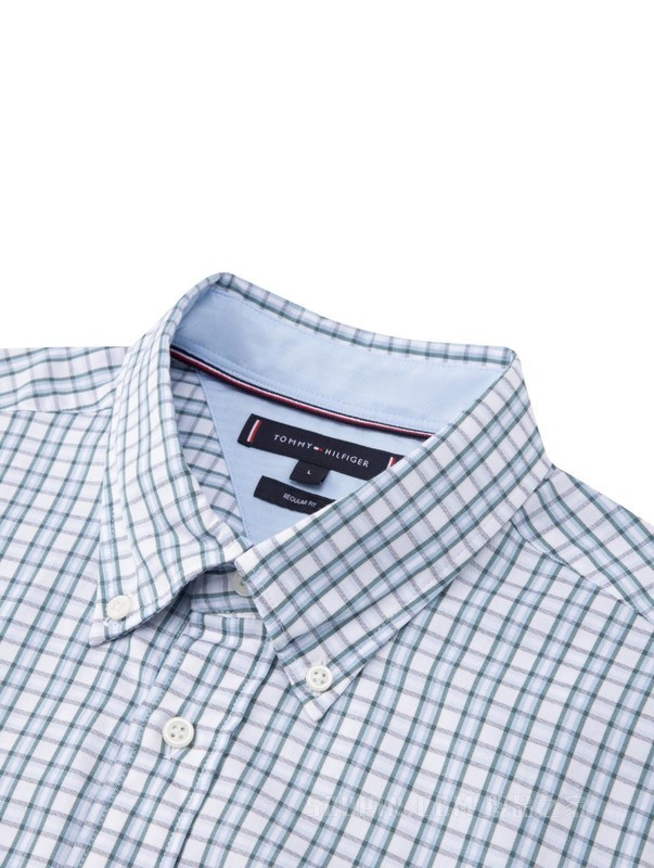 23新款春夏男装纯棉牛津纺时尚格纹尖角扣短袖衬衫30092