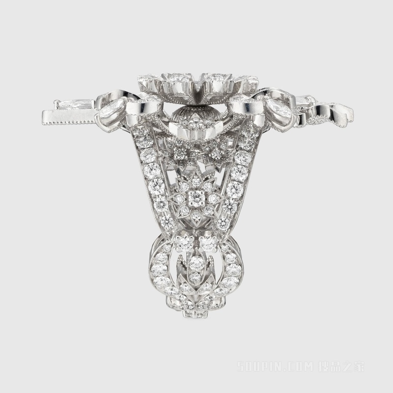 Gucci花卉造型钻石白金戒指 白金