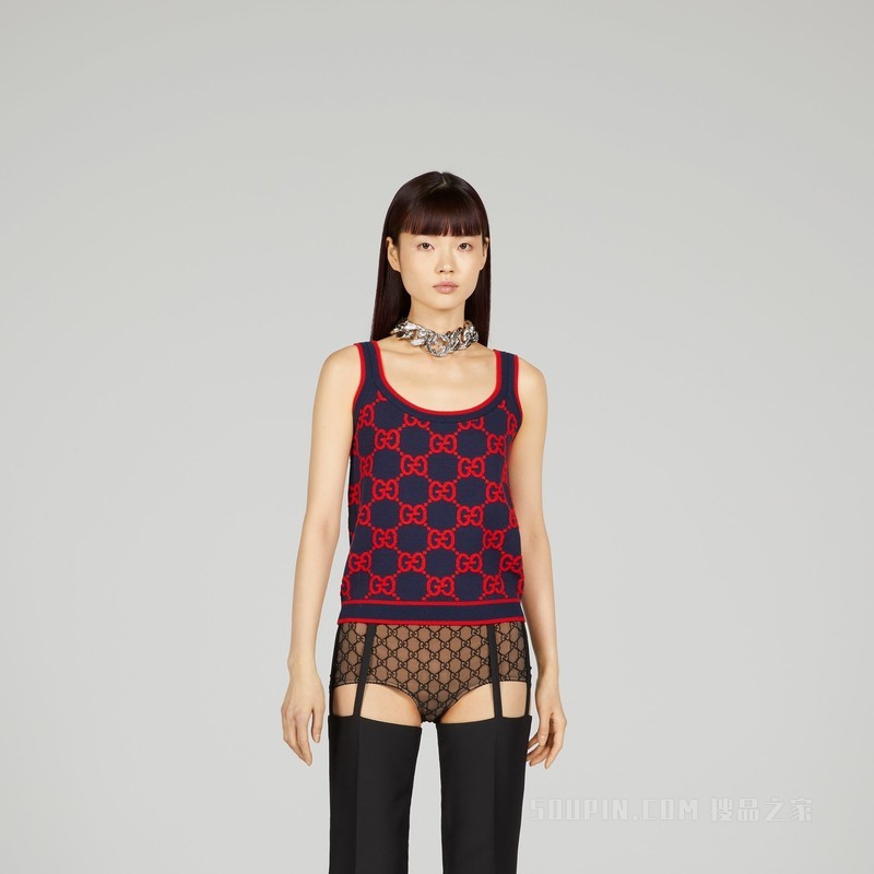 GG丝棉混纺背心 蓝色和红色