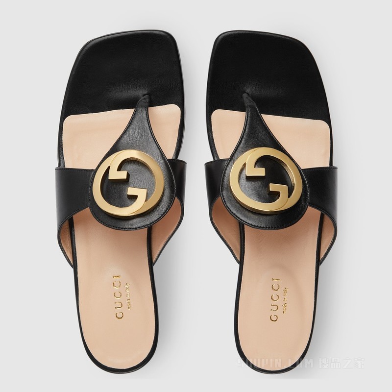 Gucci Blondie系列女士夹趾凉鞋 黑色皮革