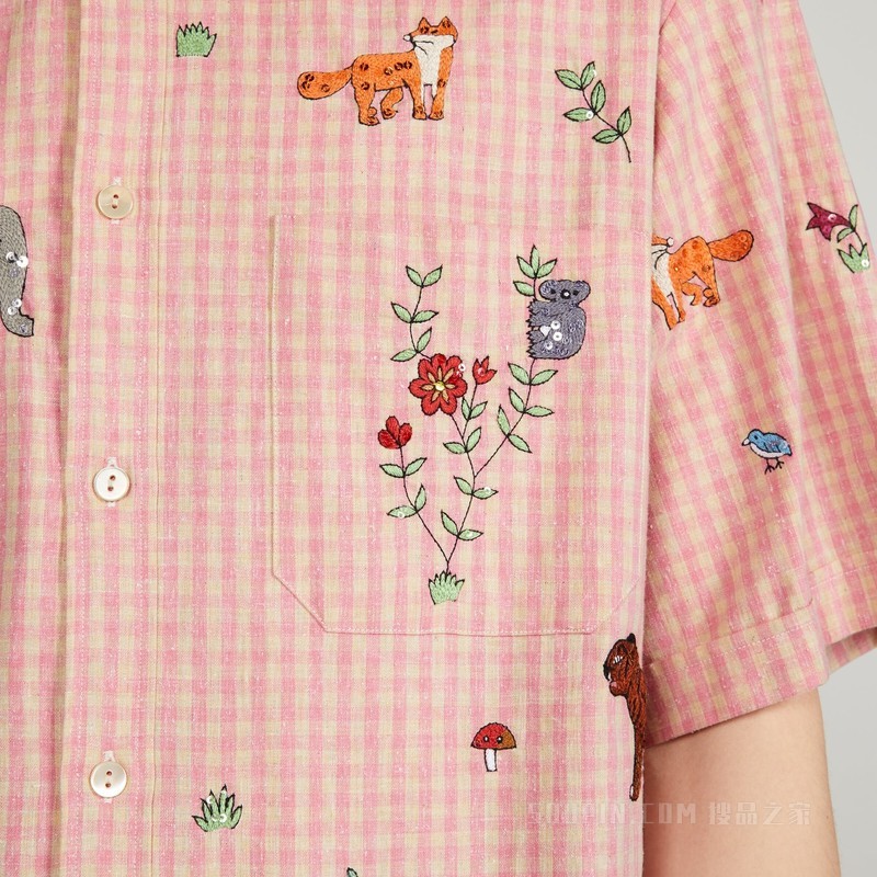 饰刺绣方格纹棉质衬衫 粉色和米色