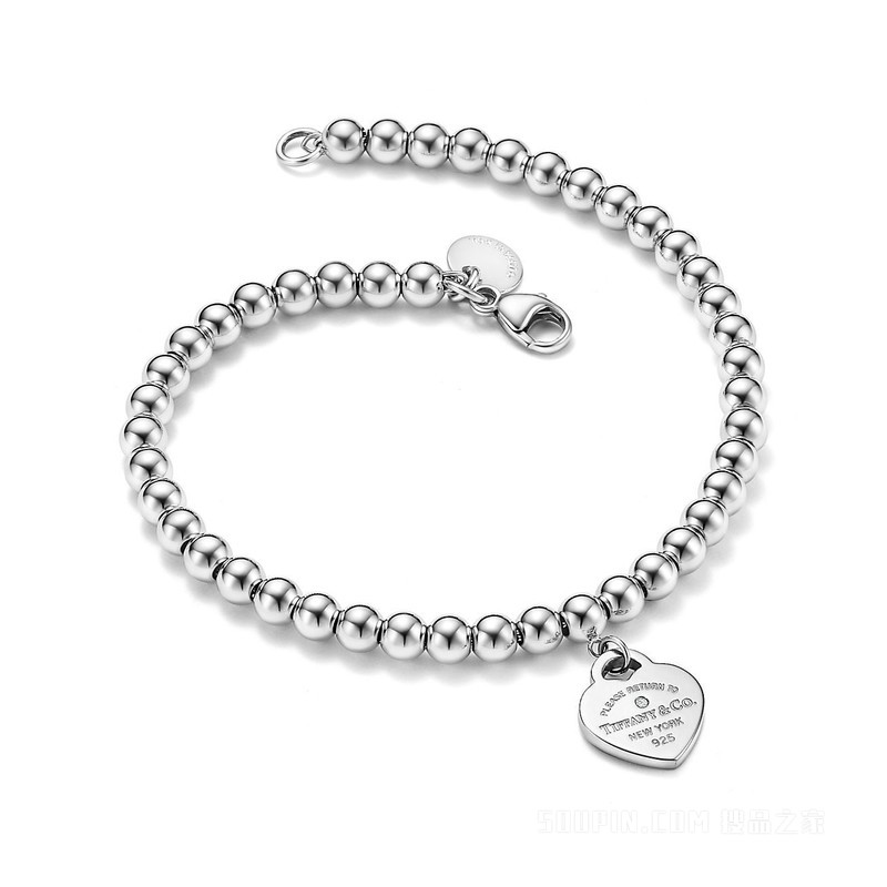 Return to Tiffany™ 系列纯银镶钻红色迷你心形珠式手链，4 毫米