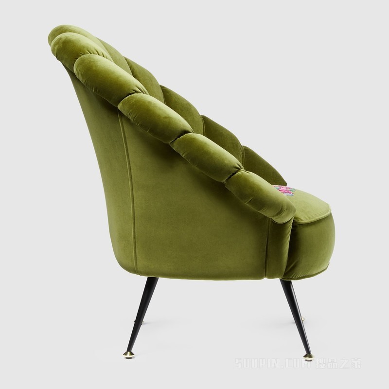 刺绣花朵天鹅绒扶手椅 绿色天鹅绒