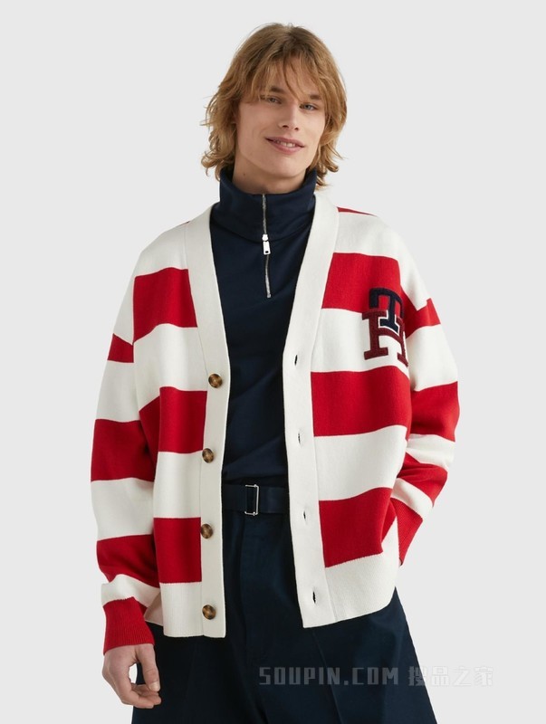 23新款春季男装时尚撞色条纹刺绣纽扣V领针织外套30965