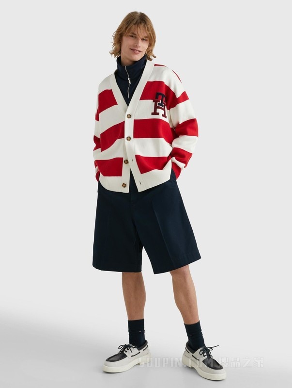 23新款春季男装时尚撞色条纹刺绣纽扣V领针织外套30965