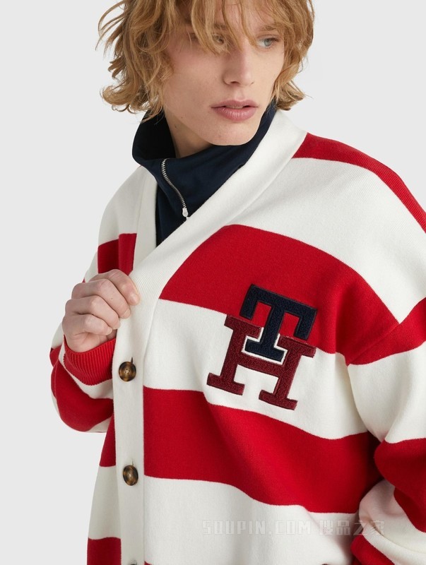 23新款春季男装时尚撞色条纹刺绣纽扣V领针织外套30965