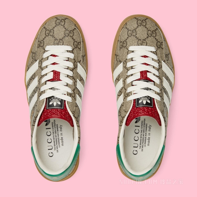 adidas x Gucci联名系列女士Gazelle运动鞋 米色和乌木色Supreme帆布