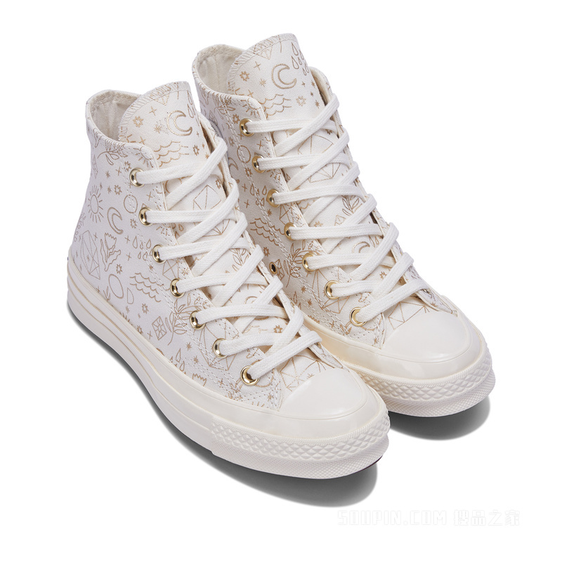 【女子】1970S女金色印花高帮帆布鞋 女款 奶白色