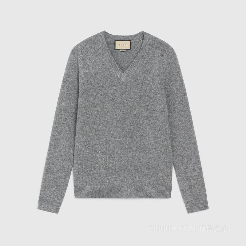 饰Gucci标签羊毛毛衣 浅灰色