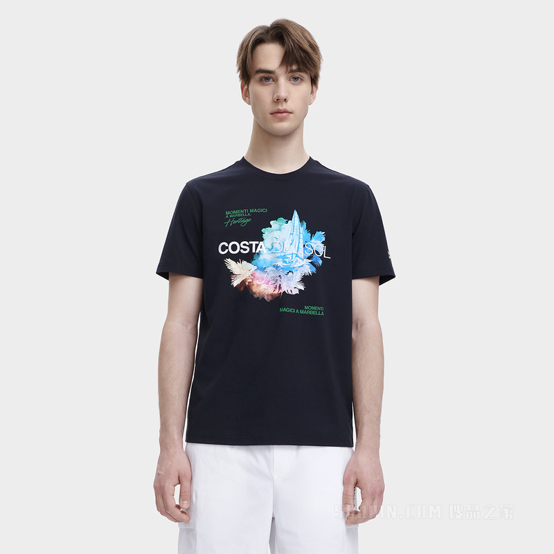 男子时尚休闲水彩图案圆领短袖T裇