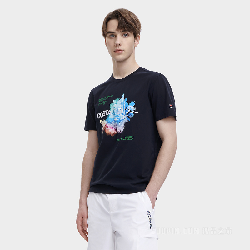 男子时尚休闲水彩图案圆领短袖T裇